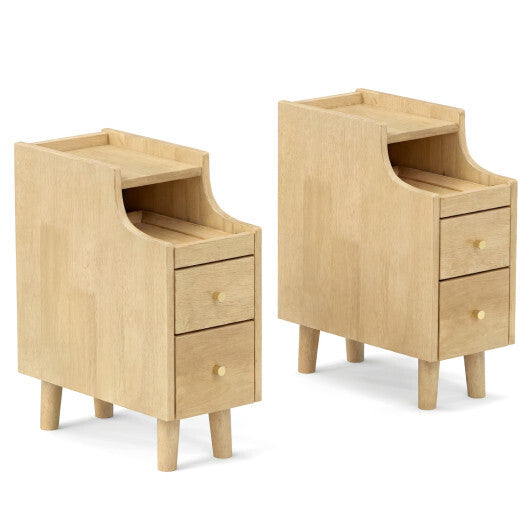 Set of 2 Solid Wood Night Side Table with Pull-out Tray and 2 Storage Drawers-Natural W2B