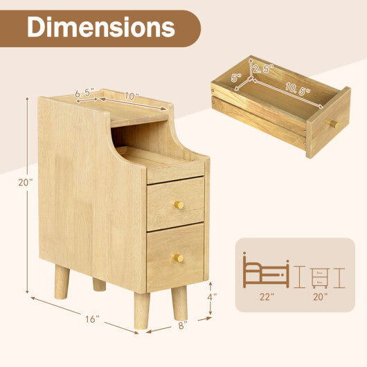 Set of 2 Solid Wood Night Side Table with Pull-out Tray and 2 Storage Drawers-Natural W2B