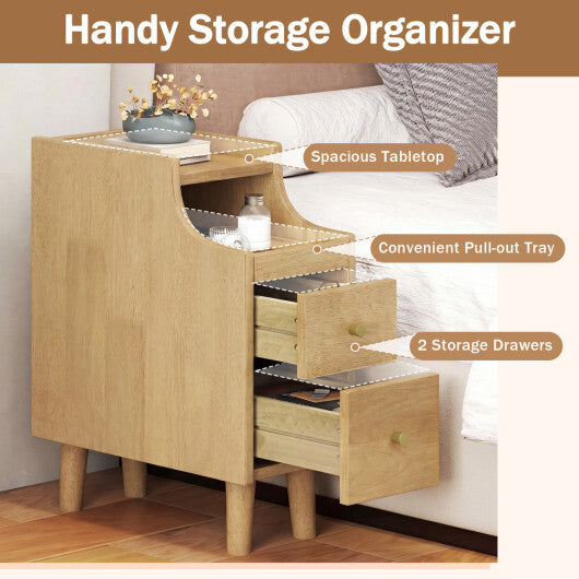 Set of 2 Solid Wood Night Side Table with Pull-out Tray and 2 Storage Drawers-Natural W2B
