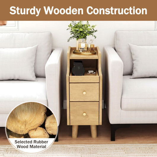 Set of 2 Solid Wood Night Side Table with Pull-out Tray and 2 Storage Drawers-Natural W2B