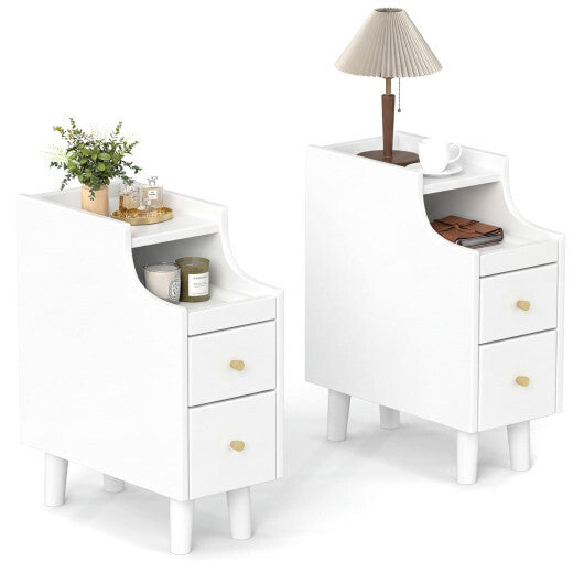 Set of 2 Solid Wood Night Side Table with Pull-out Tray and 2 Storage Drawers-Natural W2B