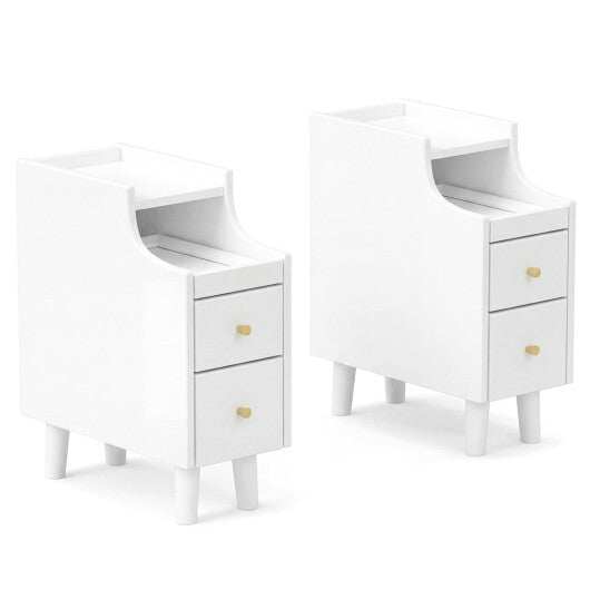 Set of 2 Solid Wood Night Side Table with Pull-out Tray and 2 Storage Drawers-Natural W2B