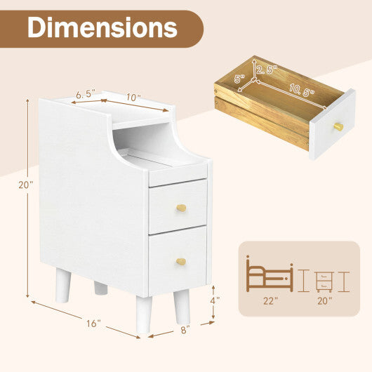 Set of 2 Solid Wood Night Side Table with Pull-out Tray and 2 Storage Drawers-Natural W2B