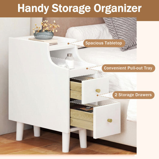 Set of 2 Solid Wood Night Side Table with Pull-out Tray and 2 Storage Drawers-Natural W2B