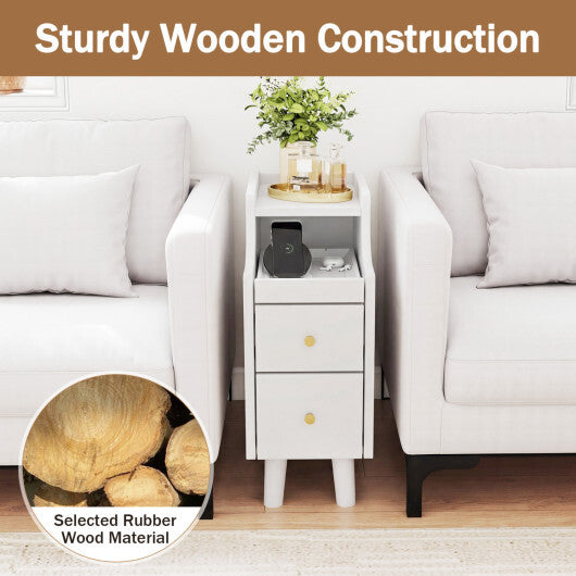 Set of 2 Solid Wood Night Side Table with Pull-out Tray and 2 Storage Drawers-Natural W2B