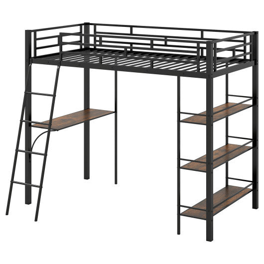 Twin Size Loft Bed with Desk and Shelves for Kids and Home-Black W2B