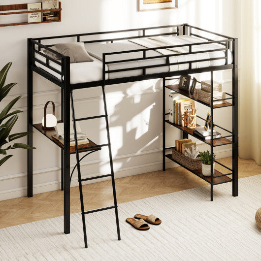 Twin Size Loft Bed with Desk and Shelves for Kids and Home-Black W2B