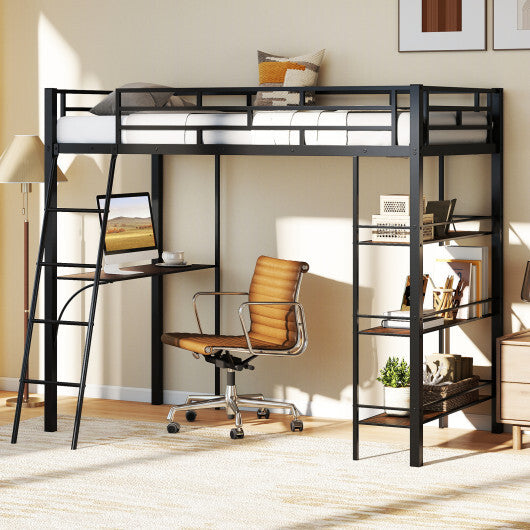 Twin Size Loft Bed with Desk and Shelves for Kids and Home-Black W2B