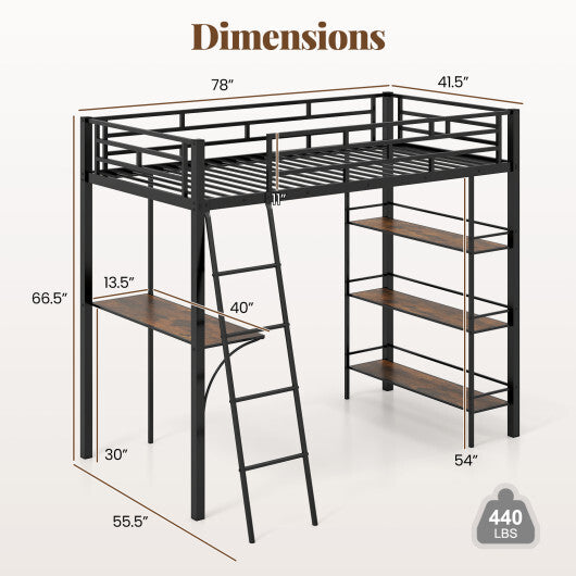 Twin Size Loft Bed with Desk and Shelves for Kids and Home-Black W2B