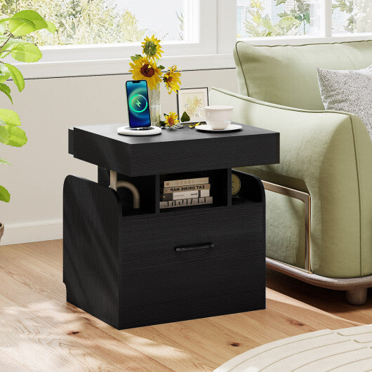 Nightstand with Charging Station Modern Bedside Table for Living Room Bedroom Office-Black W2B