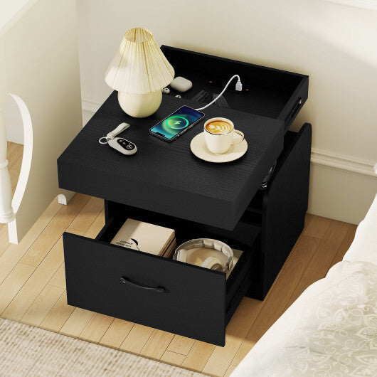 Nightstand with Charging Station Modern Bedside Table for Living Room Bedroom Office-Black W2B