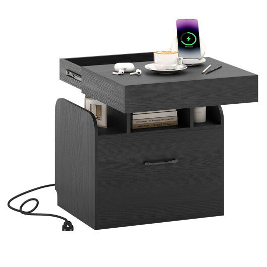 Nightstand with Charging Station Modern Bedside Table for Living Room Bedroom Office-Black W2B