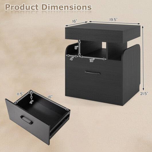 Nightstand with Charging Station Modern Bedside Table for Living Room Bedroom Office-Black W2B