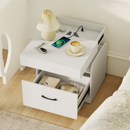 Nightstand with Charging Station Modern Bedside Table for Living Room Bedroom Office-Black W2B