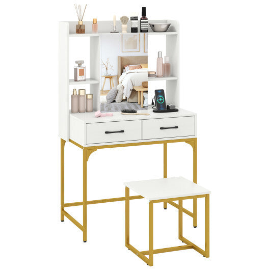 Vanity Desk with Storage Drawers and Charging Station-White