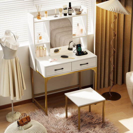 Vanity Desk with Storage Drawers and Charging Station-White