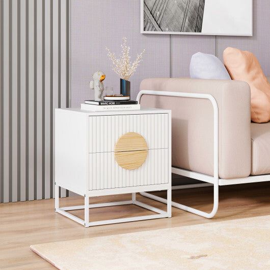 Modern Mid Century Fluted Nightstand with 2 Drawers and Pine Wood Handles for Bedroom-White