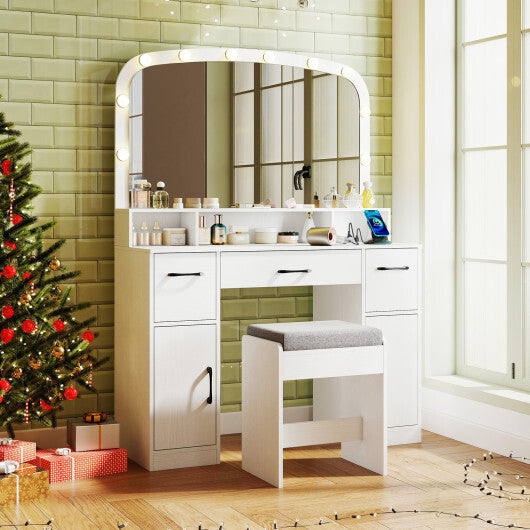 Vanity Desk Makeup Table with Stool 3-Color Lights and Charging Station-Rustic Brown