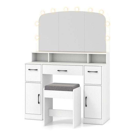 Vanity Desk Makeup Table with Stool 3-Color Lights and Charging Station-Rustic Brown