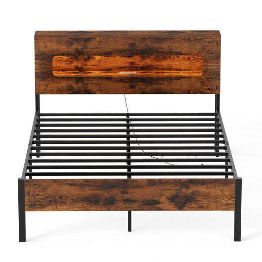 Slatted Full Bed Frame with LED Lights and Storage Headboard No Box Spring Needed-Full Size