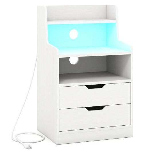 Nightstand with LED Light and Charging Station for Living Room Bedroom-Black W2B