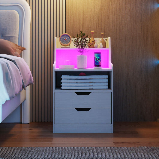 Nightstand with LED Light and Charging Station for Living Room Bedroom-Black W2B