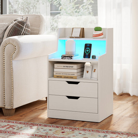 Nightstand with LED Light and Charging Station for Living Room Bedroom-Black W2B