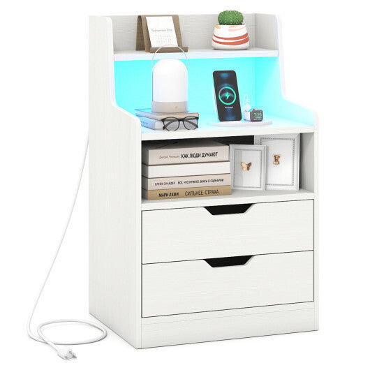 Nightstand with LED Light and Charging Station for Living Room Bedroom-Black W2B