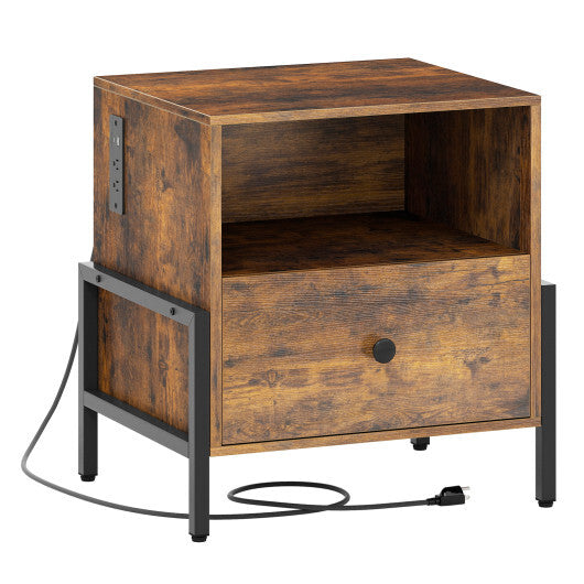 Nightstand with Charging Station and Drawer Sofa Side Table-Rustic Brown W2B