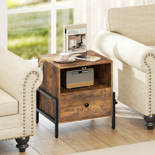 Nightstand with Charging Station and Drawer Sofa Side Table-Rustic Brown W2B