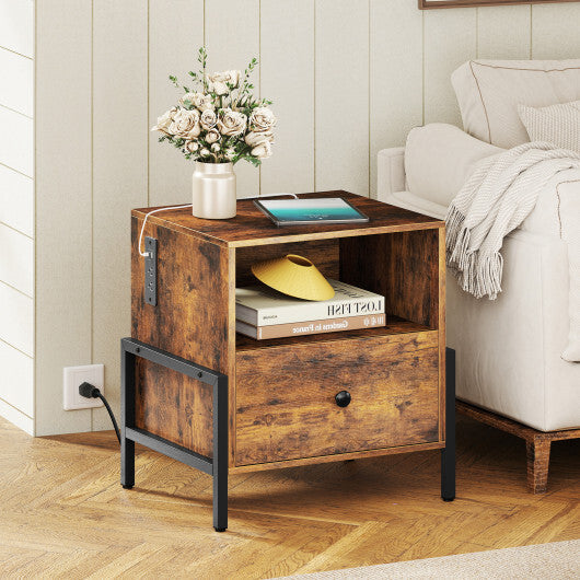 Nightstand with Charging Station and Drawer Sofa Side Table-Rustic Brown W2B