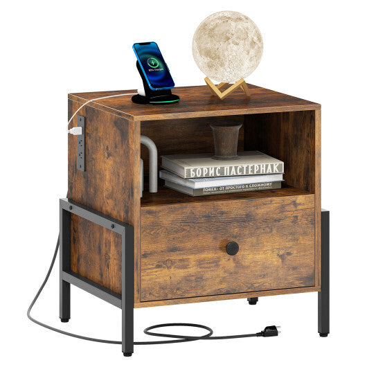 Nightstand with Charging Station and Drawer Sofa Side Table-Rustic Brown W2B