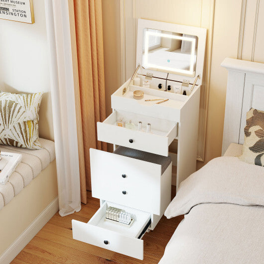 3-in-1 Small Vanity Desk Set with Flip-top Mirror and Lights with Drawers and Stool-White W2B