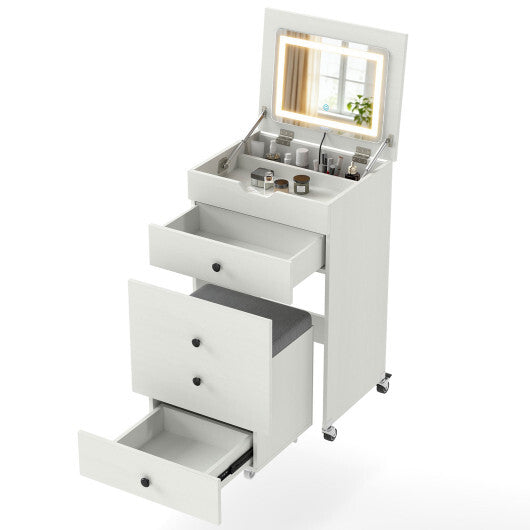 3-in-1 Small Vanity Desk Set with Flip-top Mirror and Lights with Drawers and Stool-White W2B