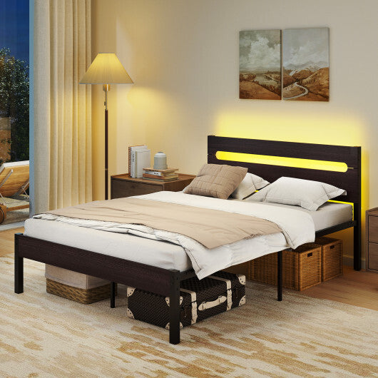 Heavy-Duty Metal Slats Support Bed Platform with Charging Station-Walunt