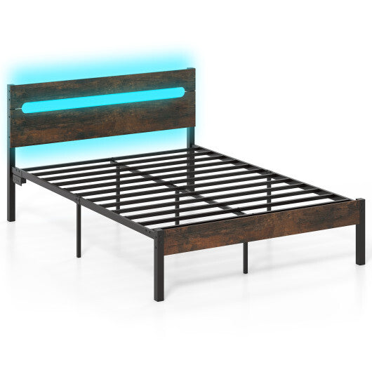 Heavy-Duty Metal Slats Support Bed Platform with Charging Station-Walunt