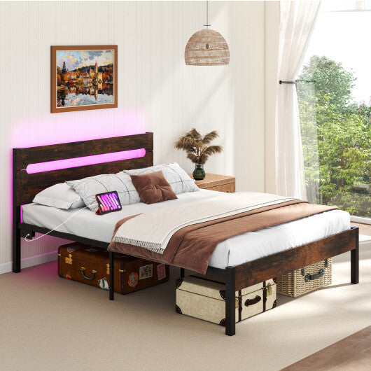 Heavy-Duty Metal Slats Support Bed Platform with Charging Station-Walunt
