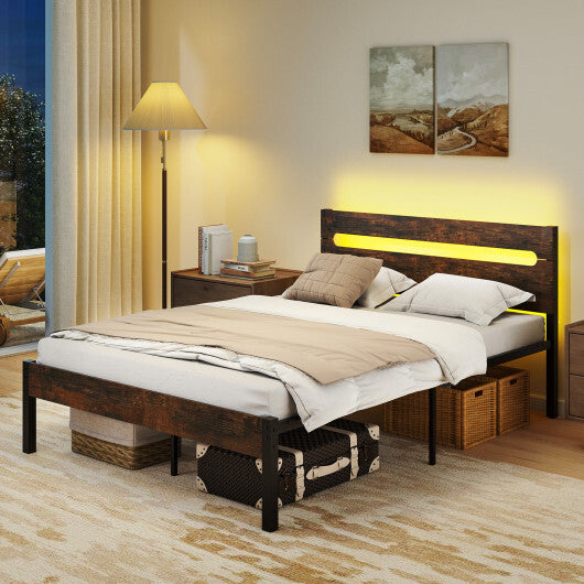 Heavy-Duty Metal Slats Support Bed Platform with Charging Station-Walunt