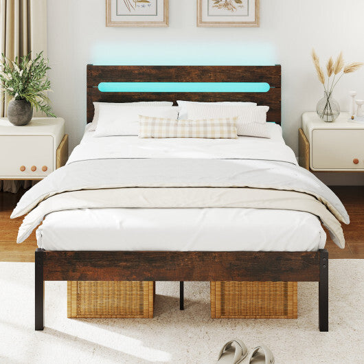 Heavy-Duty Metal Slats Support Bed Platform with Charging Station-Walunt