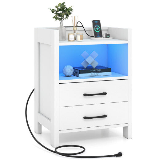 23.5 Inches Nightstand with Charging Station and Open Storage Shelf-White W2B