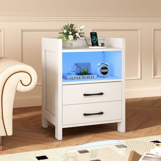 23.5 Inches Nightstand with Charging Station and Open Storage Shelf-White W2B