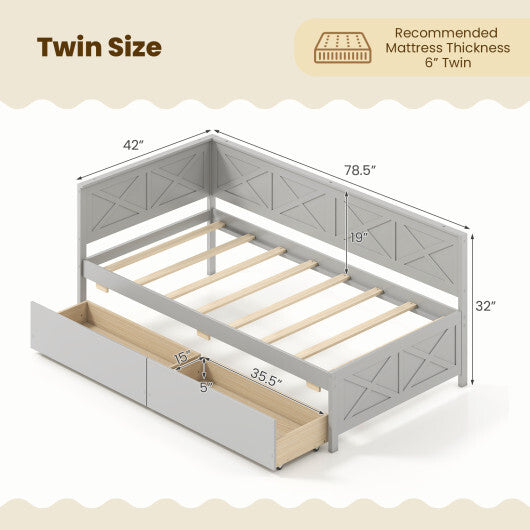 Twin Size Daybed with 2 Storage Drawers No Box Spring Needed-Gray