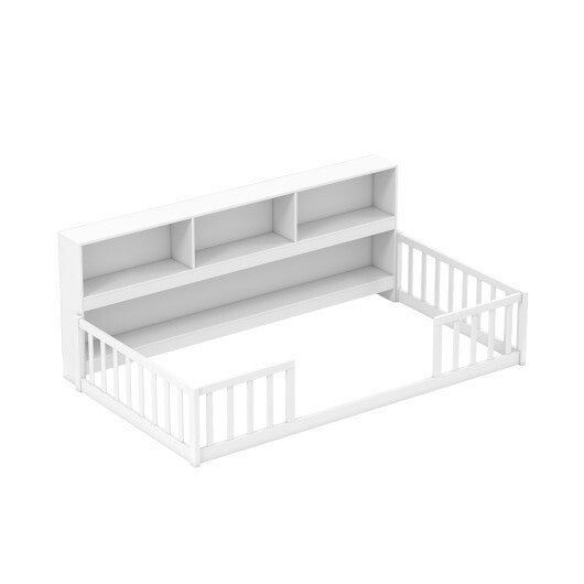Twin Size Montessori Floor Bed with Bookcase-White