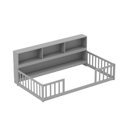 Twin Size Montessori Floor Bed with Bookcase-White