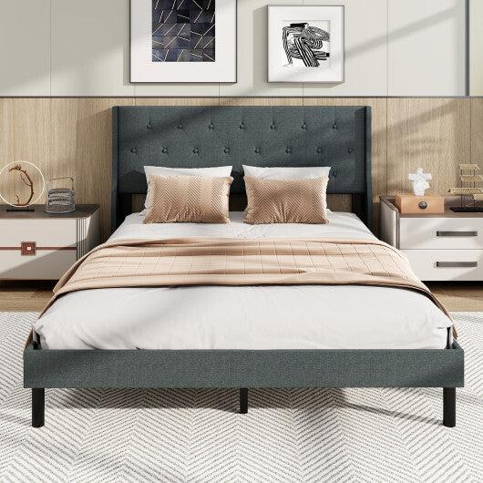 Queen Size Upholstered Bed Frame with Button Tufted Wingback Headboard and Wooden Slats Support Mattress Foundation-Gray