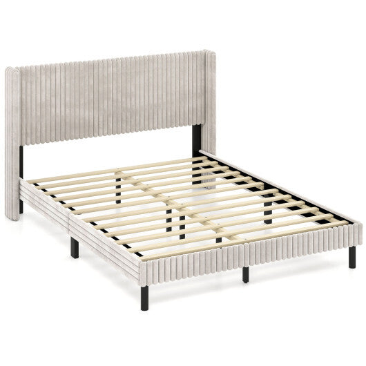 Queen Size Velvet Bed Frame with Vertical Channel Tufted Wingback Headboard-White