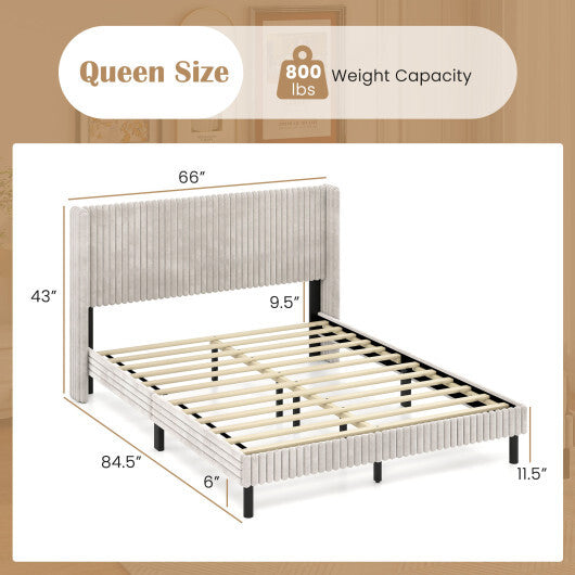 Queen Size Velvet Bed Frame with Vertical Channel Tufted Wingback Headboard-White