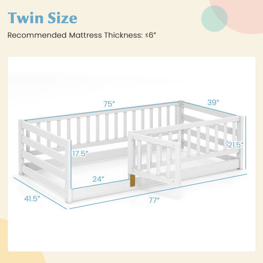 Twin Size Floor Bed with High Fence and Door Playhouse for Kids-White