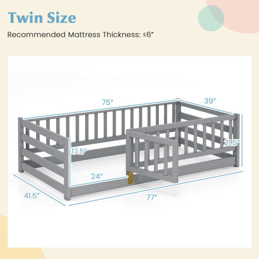 Twin Size Floor Bed with High Fence and Door Playhouse for Kids-White