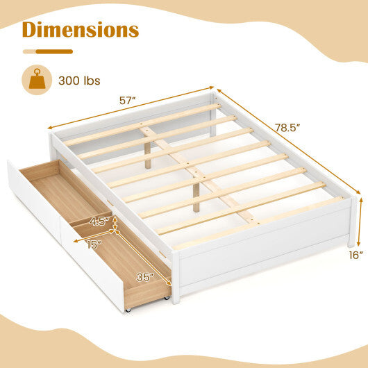 Full Size Wooden Bed Frame with 2 Rolling Storage Drawers-Natural
